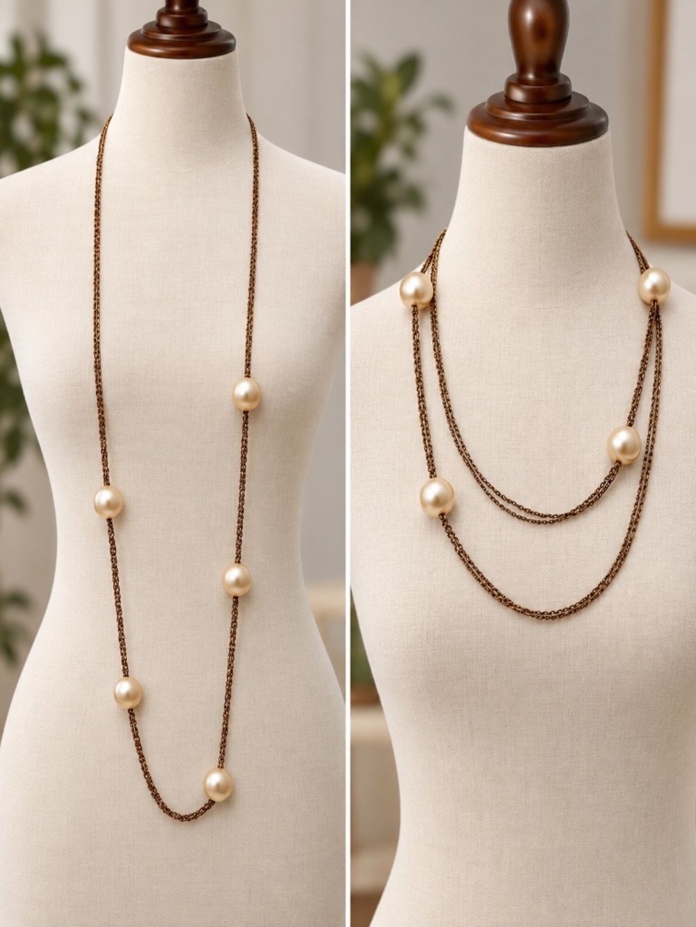 Classic Faux Pearl Station Necklace | Long Sautoir Style | Gold Tone Chain